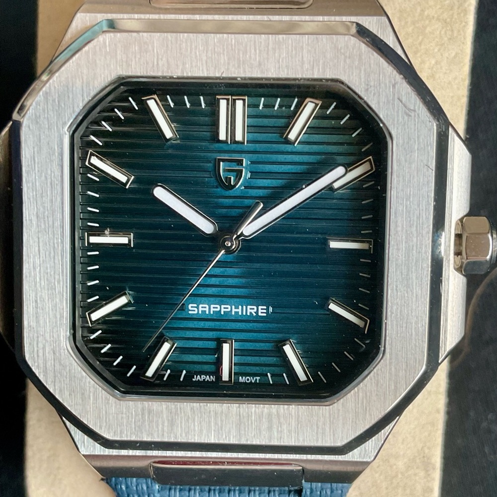 Like New Handsome Blue Pagani Design SS 37mm Square Watch w Original Box/Manual